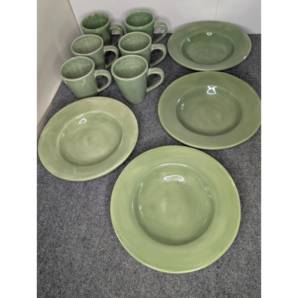 Lot Of Pottery Barn Sausalito Green Sage Cups‎ - 6 & Wide Rim Bowls - 4 READ